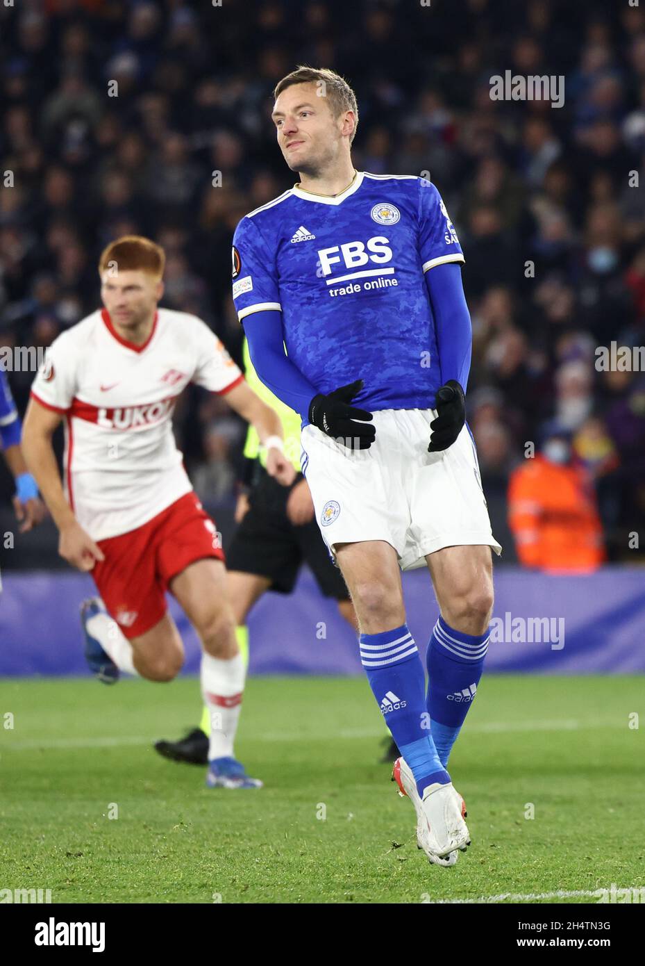 Leicester, England, 4. November 2021. Jamie Vardy von Leicester City reagiert, nachdem sie während des Spiels der UEFA Europa League im King Power Stadium, Leicester, eine Chance auf einen Elfmeter verpasst hat. Bildnachweis sollte lauten: Darren Staples / Sportimage Stockfoto