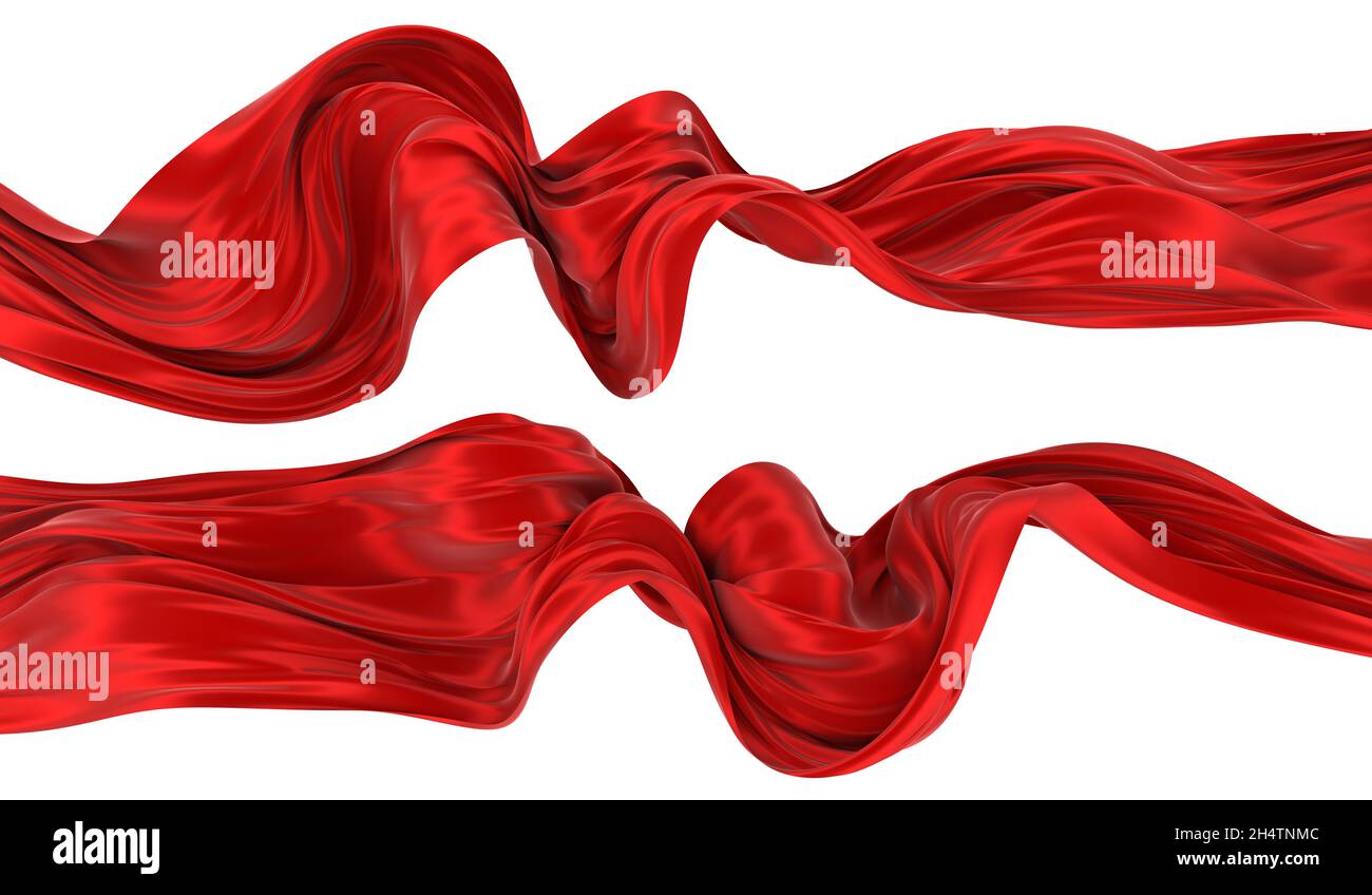 Schön fließendes Gewebe im Wind fliegen. Rot gewellte Seide oder Satin. Abstraktes Element für Design. 3D-Rendering-Bild. Bild auf weißem Hintergrund isoliert Stockfoto