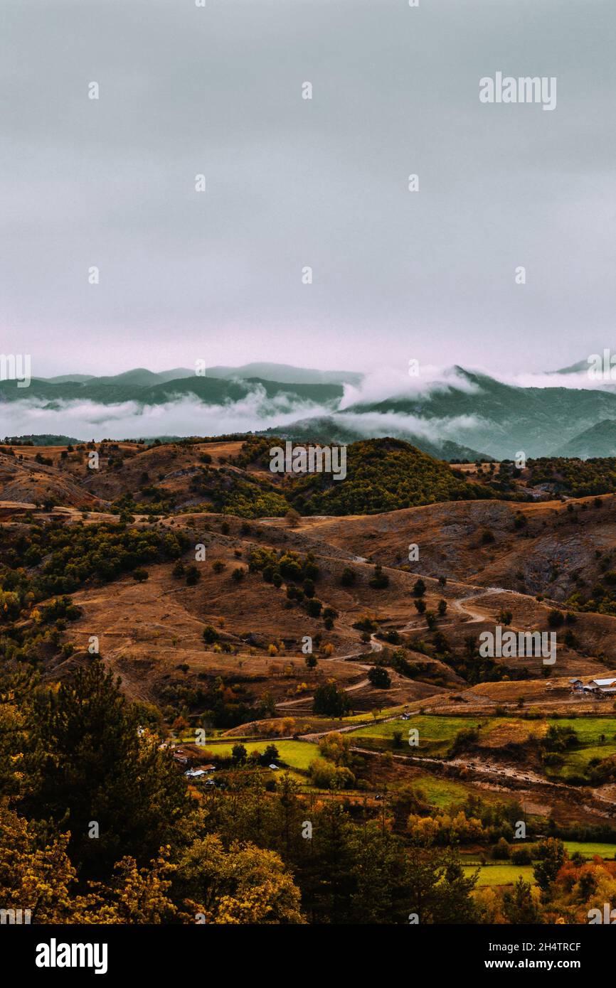 Vertikale Landschaft eines Morgennebels tief in den Hügeln. Stockfoto