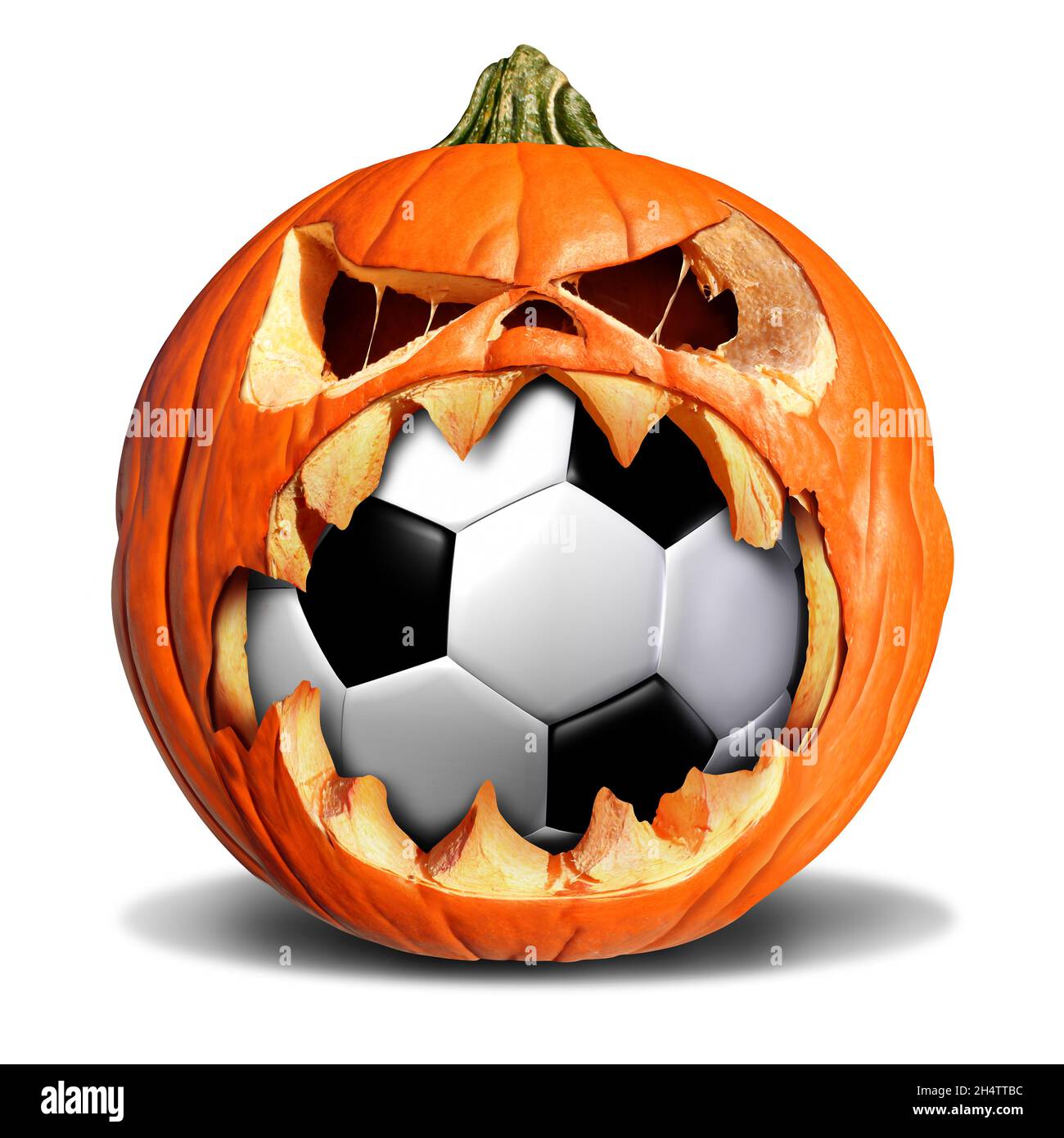 Fußball-Herbstkonzept als Kürbis-Jack oder Laterne, die in einen Lederball als Symbol für halloween-Sport und Herbst-Sportveranstaltungen beißt. Stockfoto