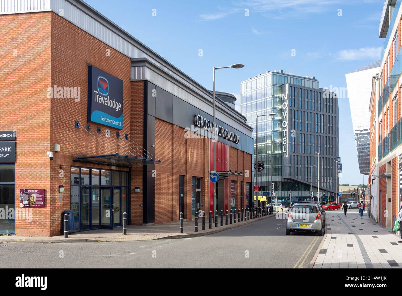 Travelodge, Grosvnor Casino und Novotel, Highcross Street, City of Leicester, Leicestershire, England, Vereinigtes Königreich Stockfoto