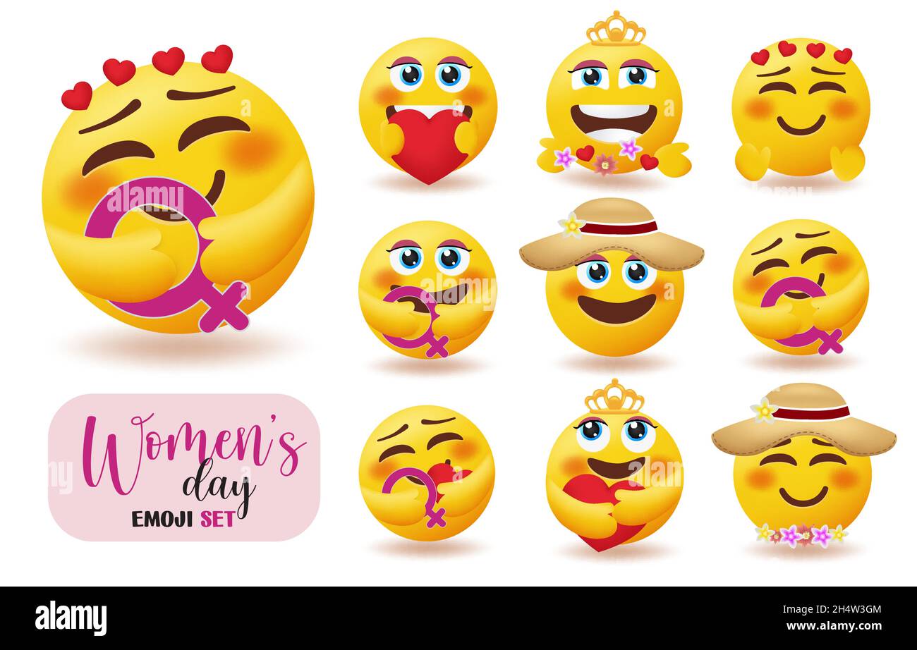 Frauen Smiley Zeichen Vektor-Set. Emoji-Kollektion für den Frauentag mit einem Emoticon-Charakter mit weiblichem Symbol für die Feier von Frau und Mutter Stock Vektor