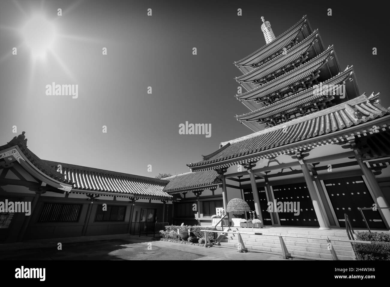 Die Sonne scheint auf der Pagode in der Nähe des Sensoji-Tempels in Tokio, Japan. Stockfoto