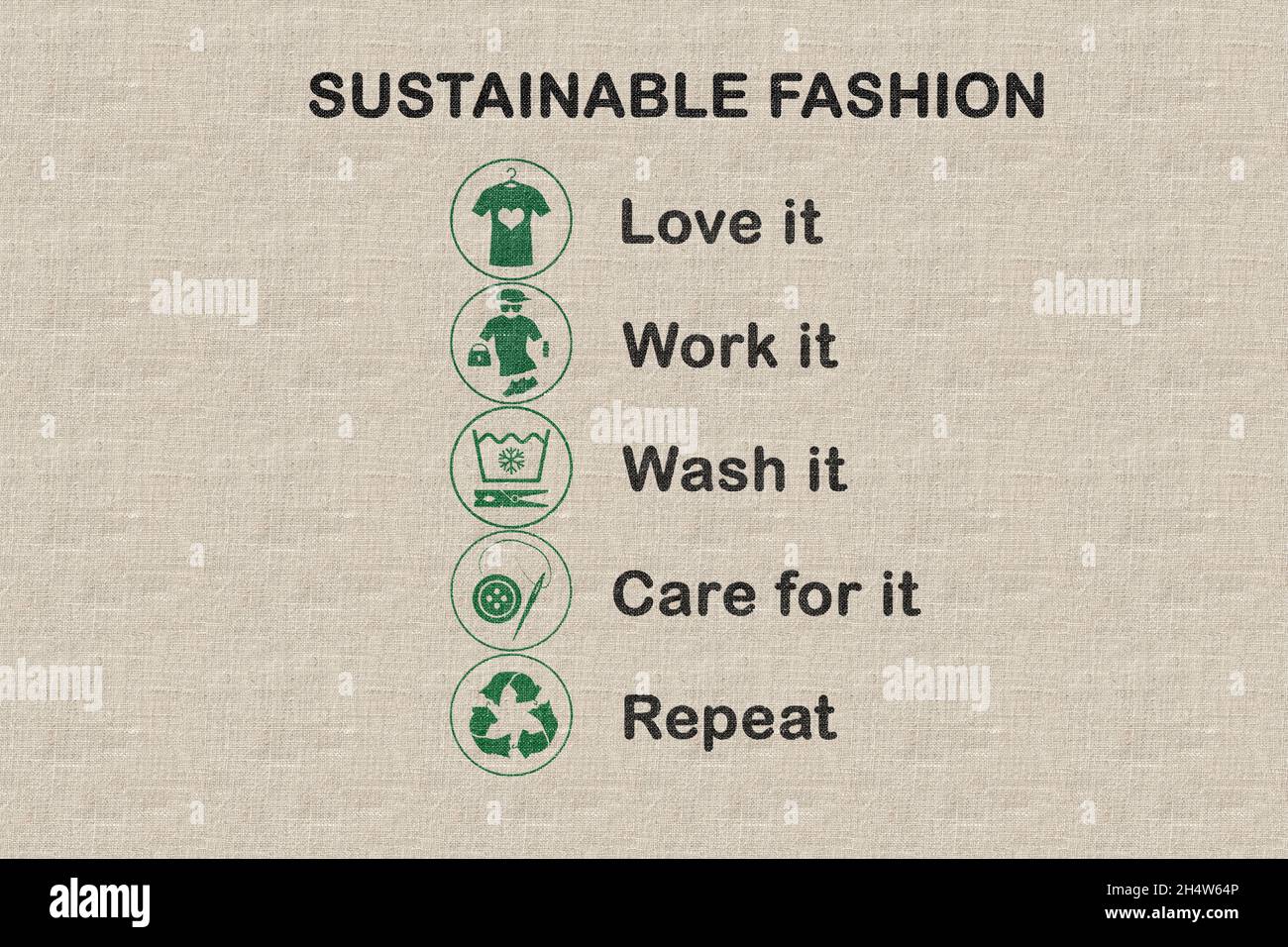 Nachhaltige Mode-Ikone auf Stoff, mit dem es getragen, gearbeitet, geliebt, gewaschen, gepflegt wird, Wiederhole die Symbole, um Kleidung nachhaltig zu gestalten Stockfoto
