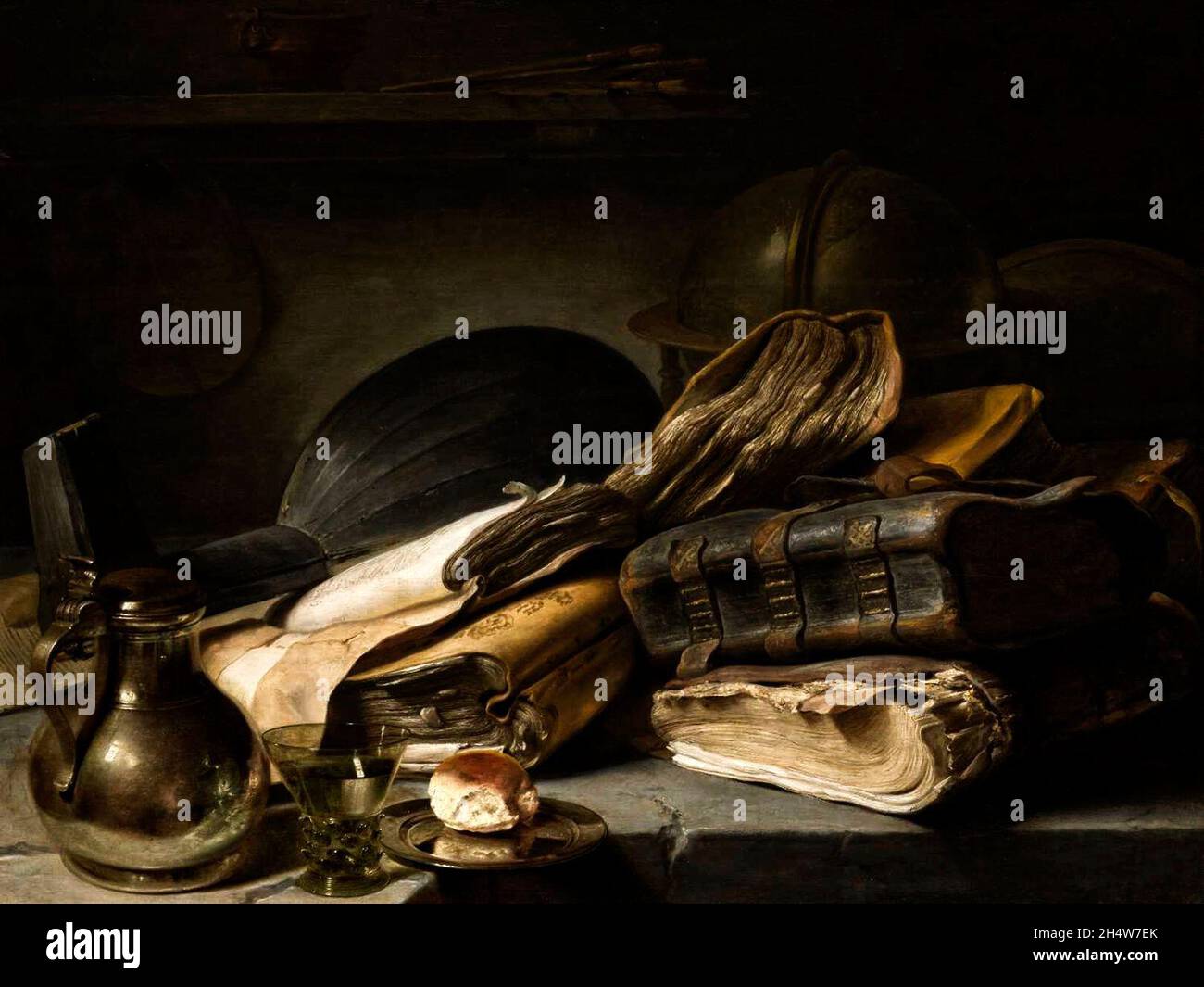 Stillleben mit Büchern - Vanitas Stillleben mit Büchern, einem Zinnkrug, einem Weinglas, einem Zinnteller mit einem Stück Brot, einer Laute und zwei Globen. Links, an der Wand ist eine Palette zu sehen - Jan Lievens, um 1630 Stockfoto