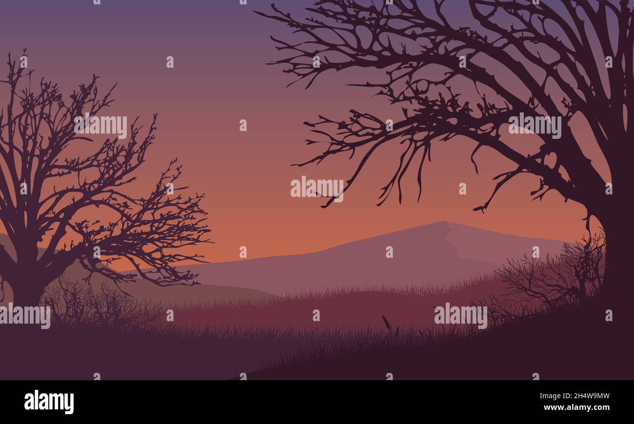 Panorama der Berge mit einer fantastischen trockenen Baumsilhouette aus dem Vorort in der Abenddämmerung. Vektordarstellung einer Stadt Stock Vektor