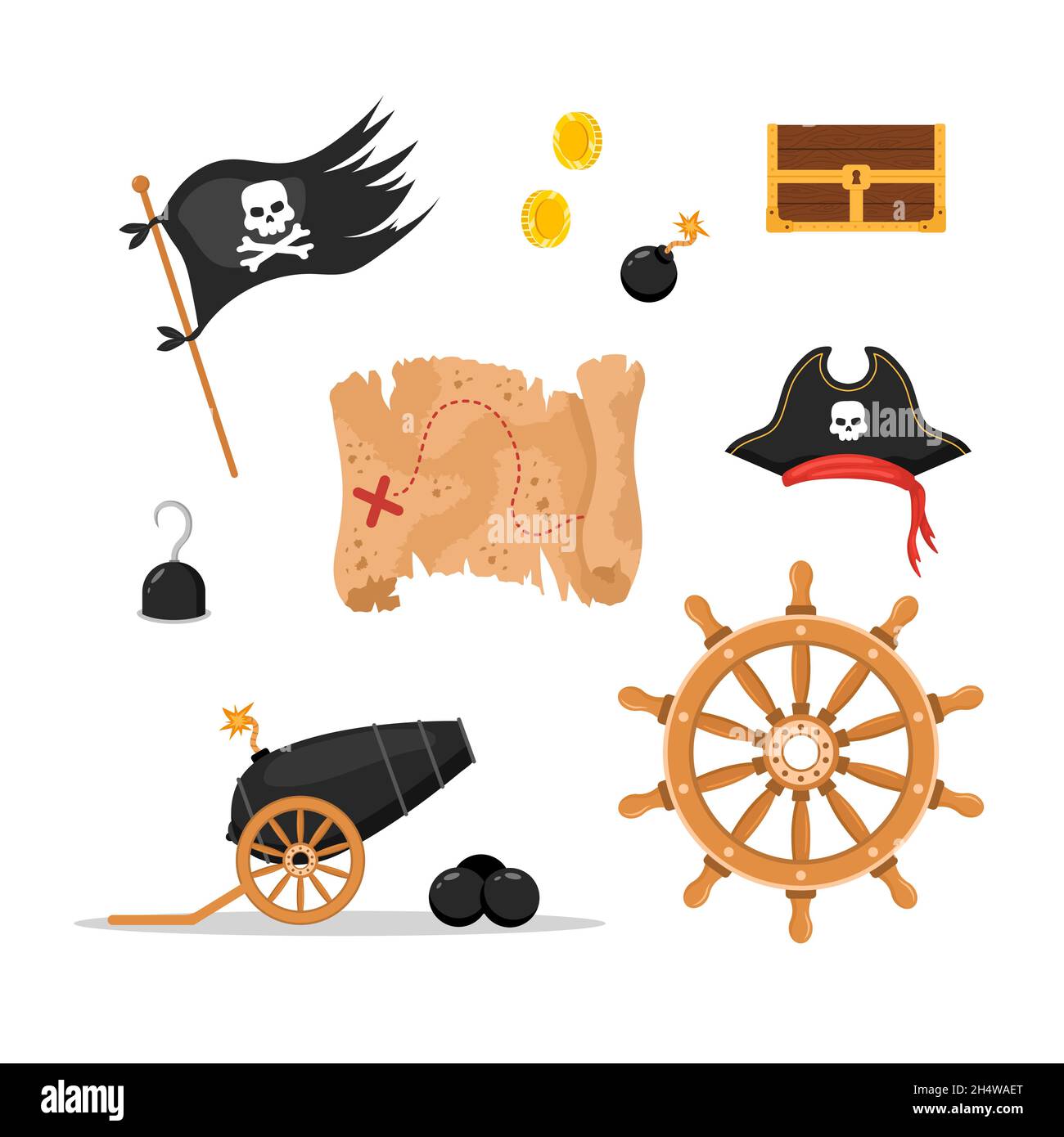 Ein Paket von Piratenartikeln. Schiffsrad, Flagge, Hut, Karte, Anker, Kompass, Schatzkiste. Pirateriesammlung auf weißem Hintergrund isoliert. Kindlicher Vektor Stock Vektor