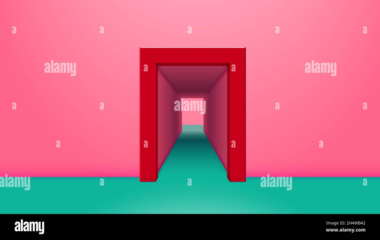 Leuchtendes rosafarbenes Zimmer mit grünem Boden und offener Tür mit Korridor. Abstrakter Architekturhintergrund oder Hintergrund der Einladungskarte. Stock Vektor