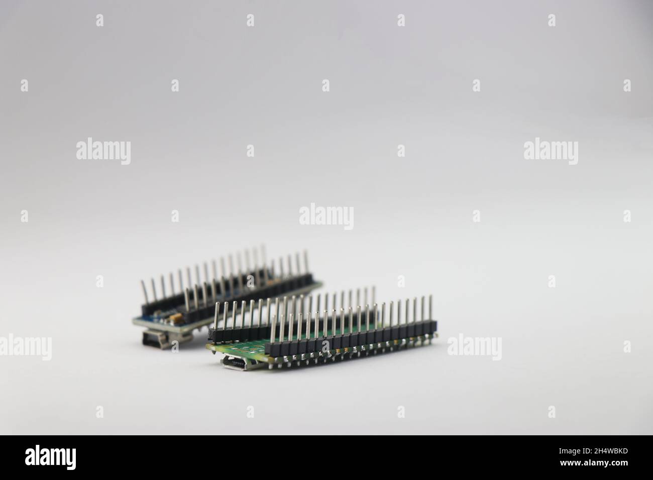 Pins der Mikrocontrollerplatine auf weiß isoliert, Stiftleisten der Leiterplattenseite Stockfoto