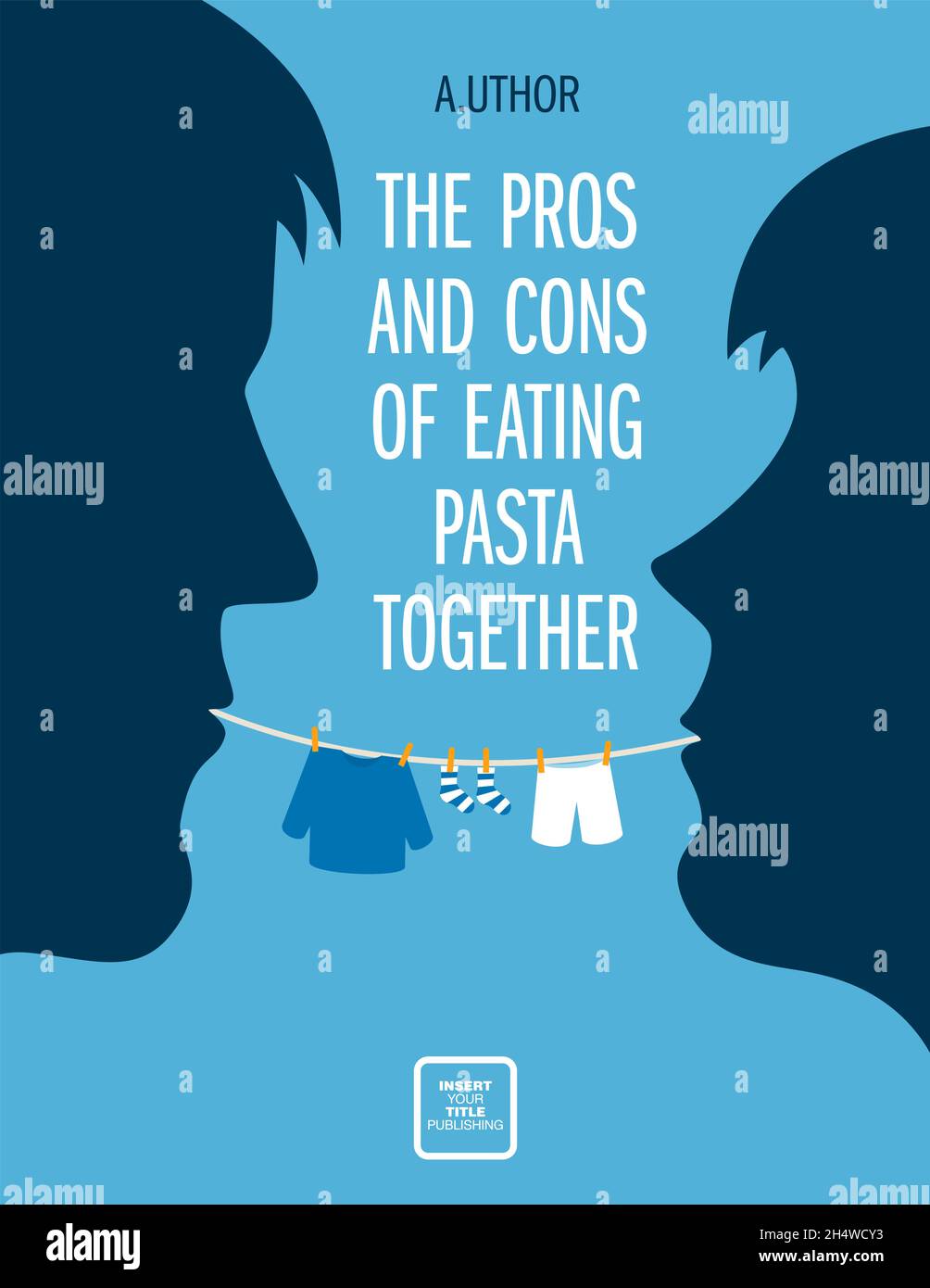 Ein Mann und eine Frau essen Pasta von Angesicht zu Angesicht. Spaghetti ist wie ein Seil mit trocknender Babykleidung. Genre der Fiktion oder Sachliteratur. Design im Stil der Mitte des Jahrhunderts. A Stock Vektor