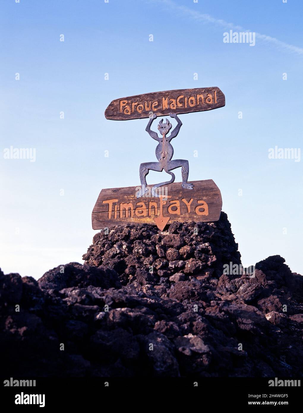 Nationalpark Feuerteufel Schild, Timanfaya Nationalpark, Lanzarote, Kanarische Inseln, Spanien. Stockfoto