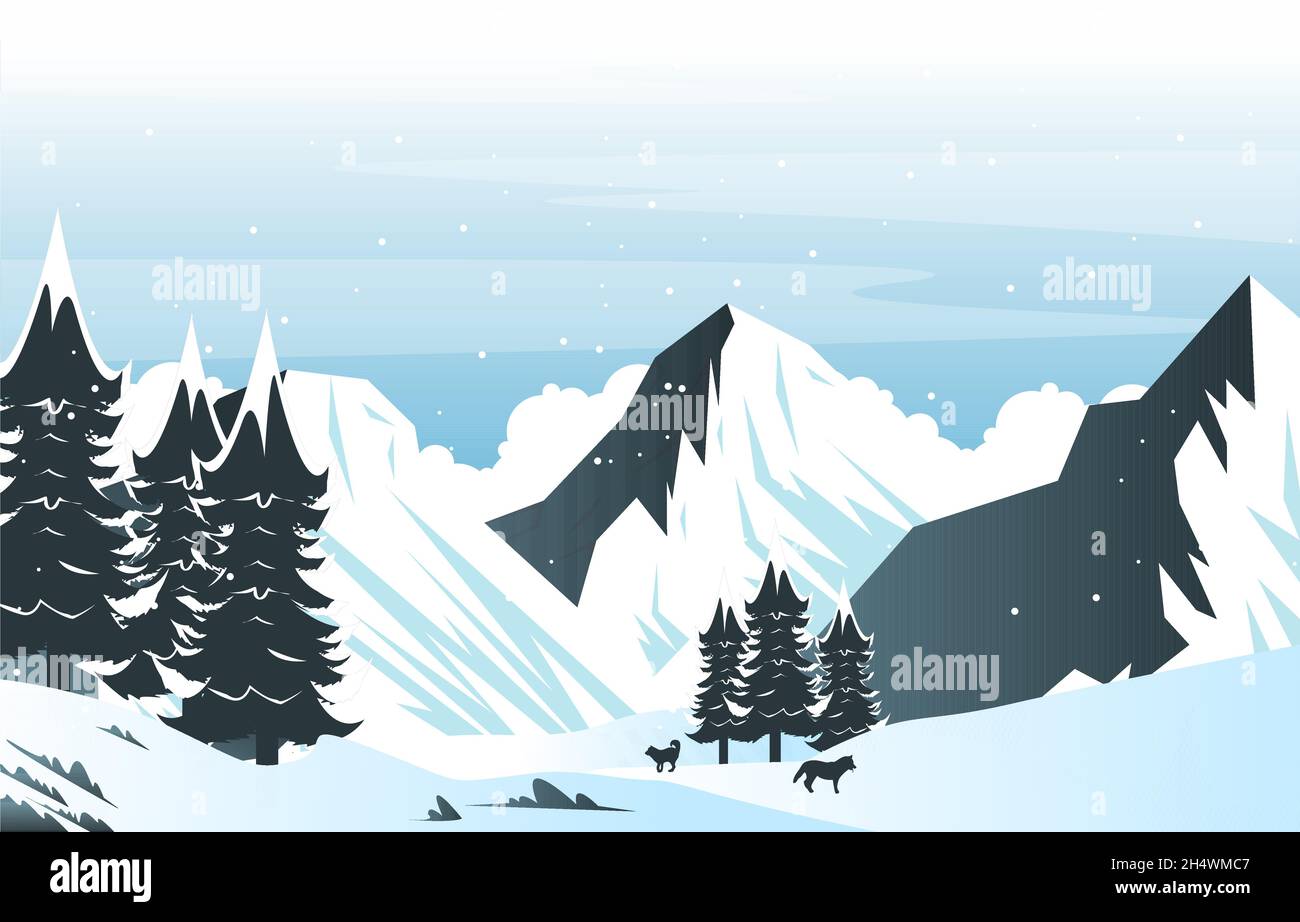 Wolf Schnee Berg Eis Eis Natur Landschaft Abenteuer Illustration Stock Vektor