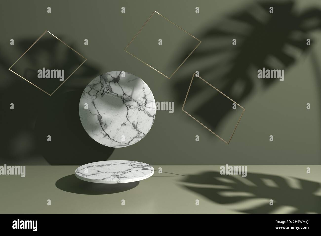 Moderner natürlicher Hintergrund mit natürlichem, weichem Licht und Pflanzenhintergründen. 3d-Illustration für Markenidentitätsbanner mit Bio-, Beauty-Konzepten. Perfe Stockfoto