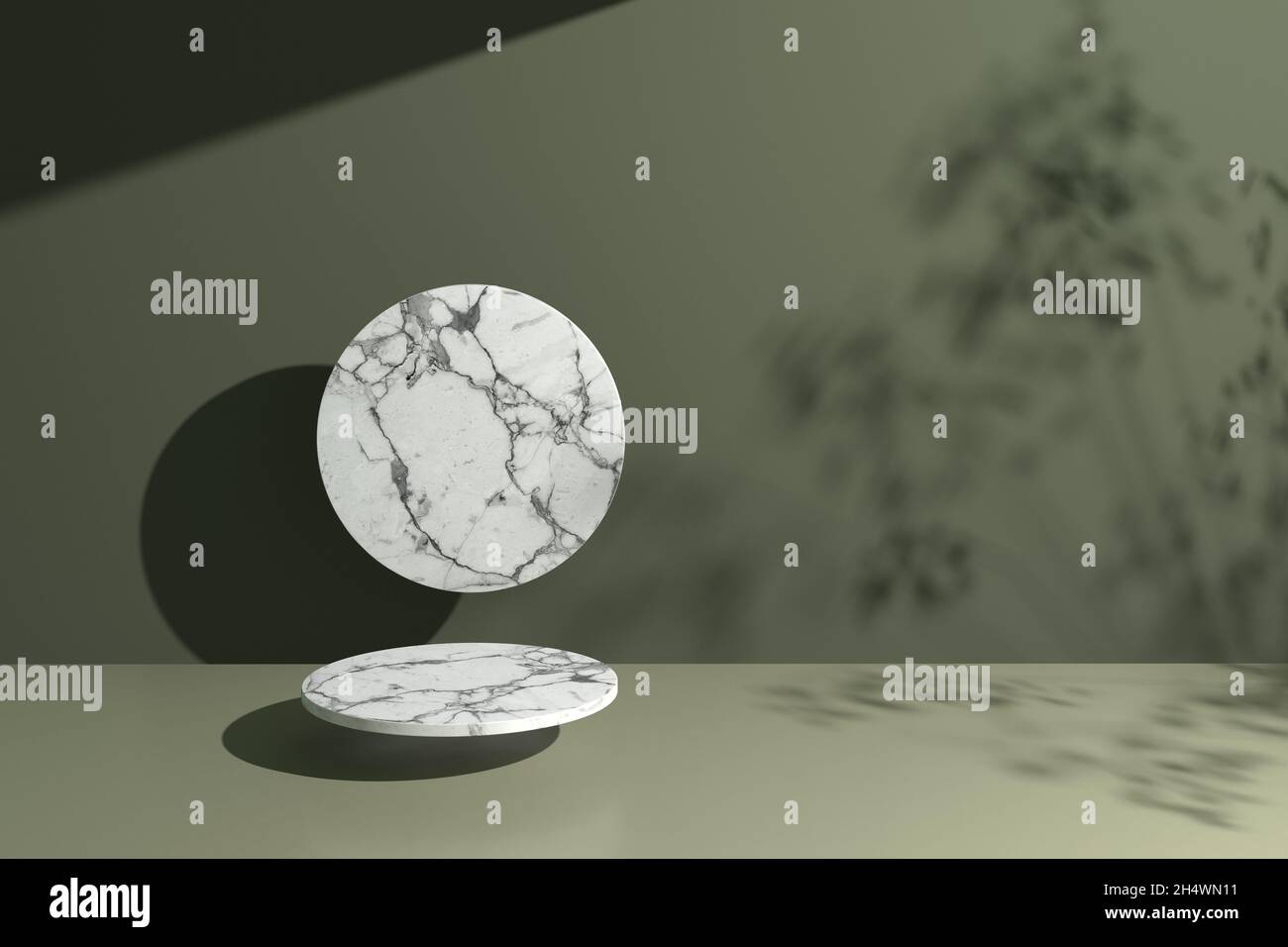 Moderner natürlicher Hintergrund mit natürlichem, weichem Licht und Pflanzenhintergründen. 3d-Illustration für Markenidentitätsbanner mit Bio-, Beauty-Konzepten. Perfe Stockfoto