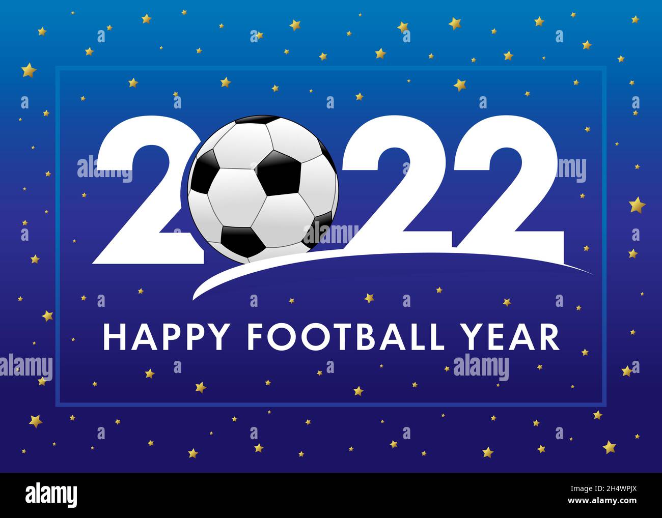 Blaues Banner „Happy Football Year 2022“. Logo in flacher Form. Neujahrsschrift 2022 mit Kugel- und goldfarbenen Sternen. Fußball-Sportturnier im Hintergrund Stock Vektor