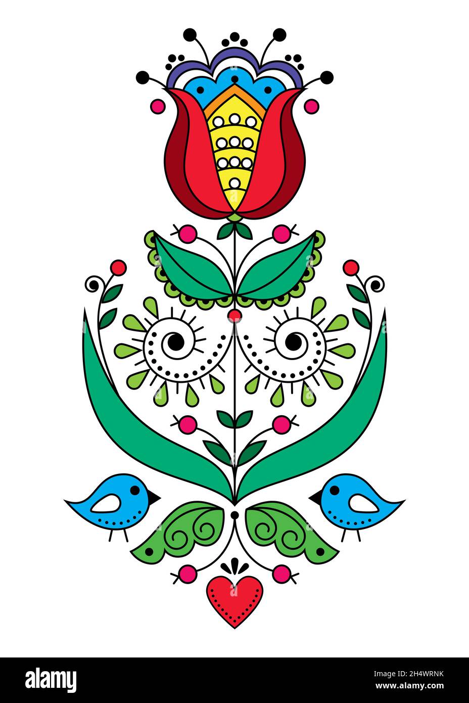 Valentinstag skandinavische Volkskunst Vektor Grußkarte Design mit Blumen und Vögel, retro Natur Muster von der traditionellen Stickerei inspiriert Stock Vektor