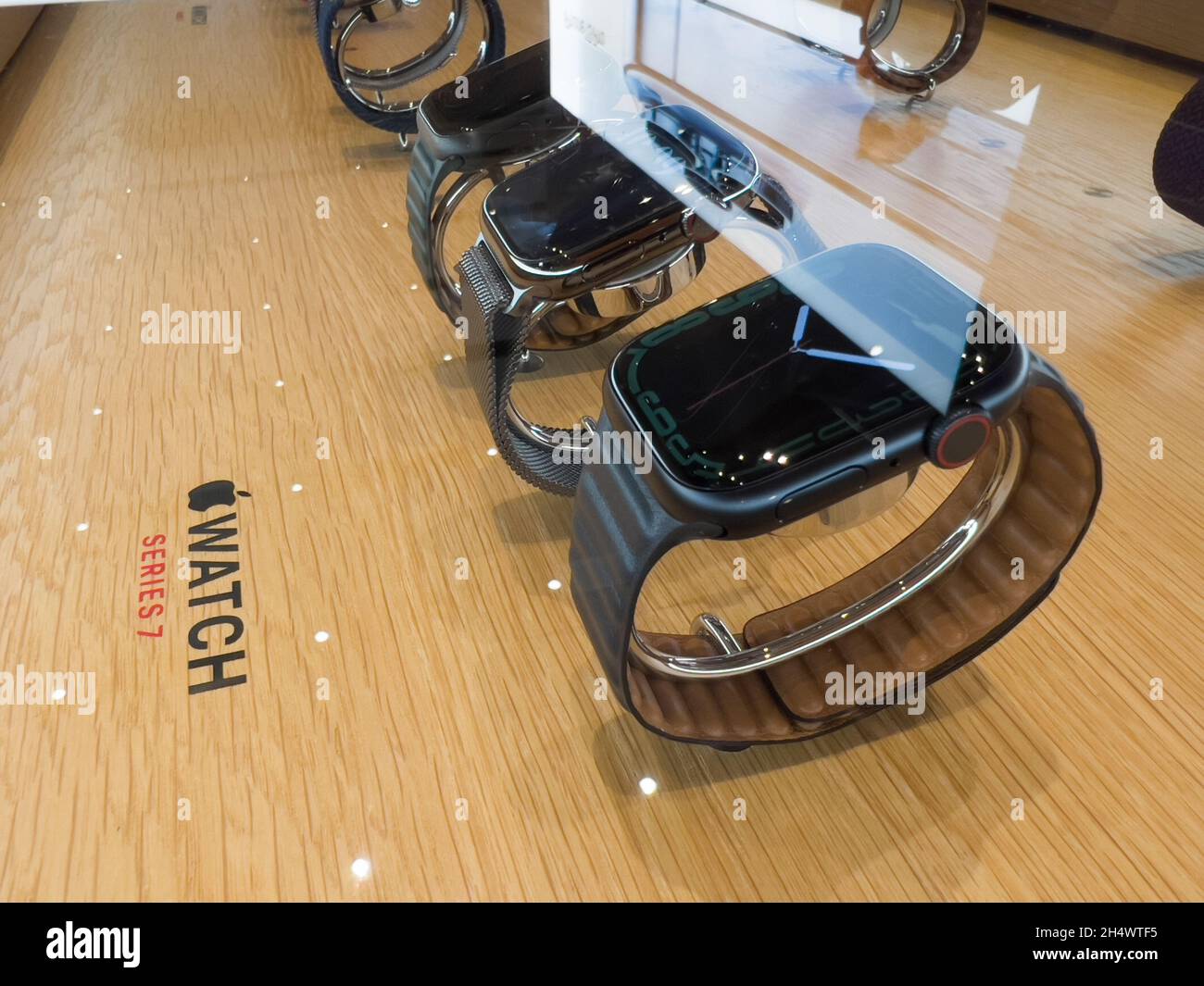 Makro der tragbaren Computer Apple Watch Series 7 Smartwatch Stockfoto