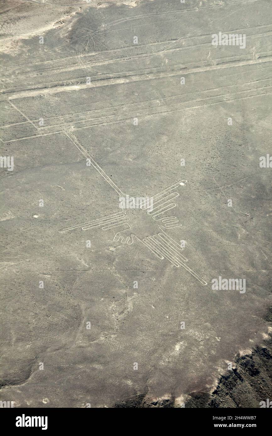 Die Kolibri, Nazca Lines, (alte Geoglyphen und Weltkulturerbe) in der Wüste in der Nähe von Nazca, Region Ica, Peru, Südamerika Stockfoto