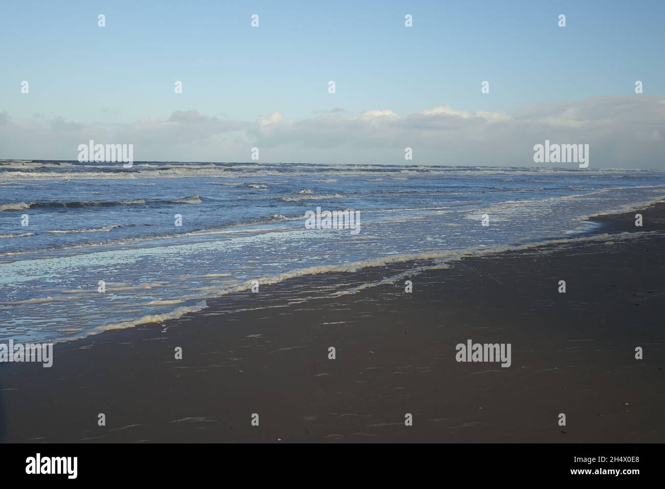 Rollende Nordseewellen am Strand an einem sonnigen, stürmischen Wintermorgen, Egmond aan Zee, Nordholland, Niederlande Stockfoto