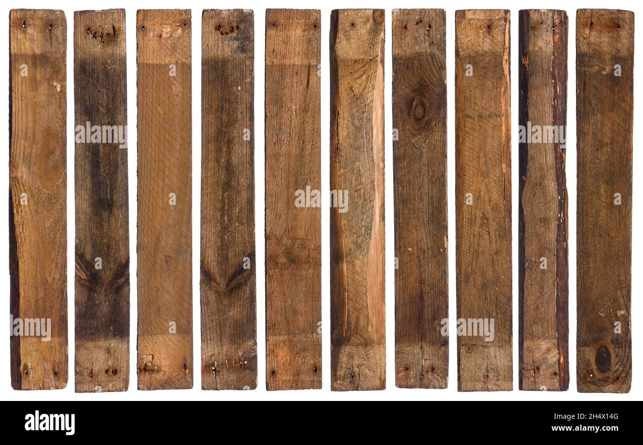 Alte Scheune Holzplanken isoliert auf weißem Hintergrund. Stockfoto