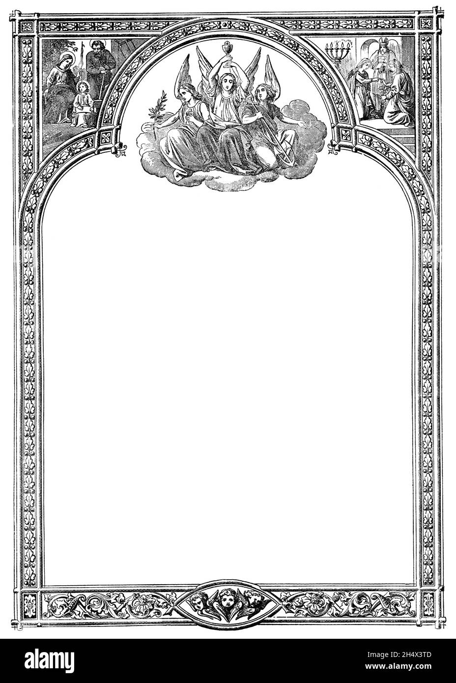 Cover oder Buchjacke Rahmen mit Engeln oder Cherubs, Jesus, Jungfrau Maria und Joseph. Bibel, altes und neues Testament. Antike Vintage-Zeichnung Stockfoto