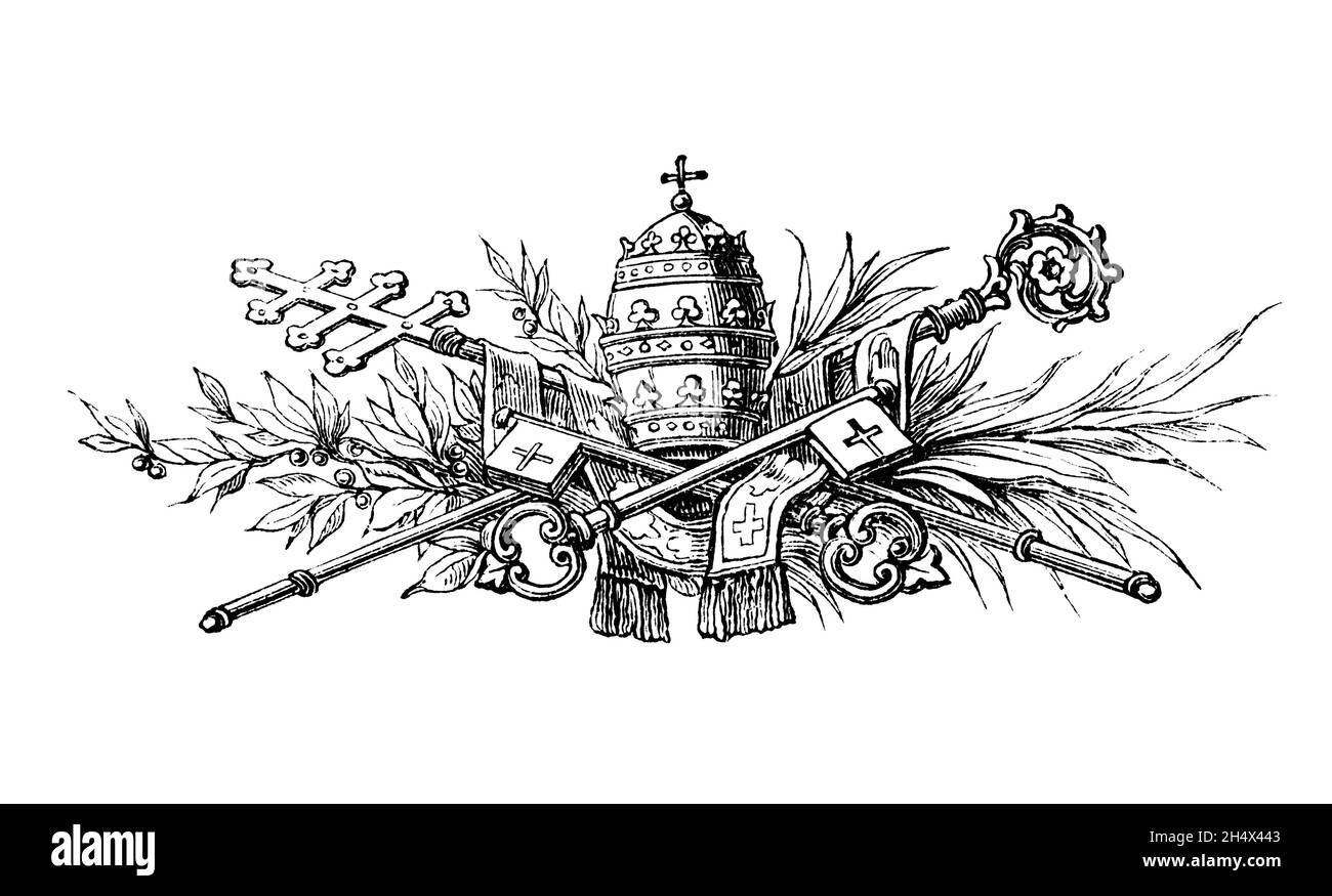 Zier-Textteiler, päpstliche oder päpstliche dreifache Krone Mitre, Stab und Schlüssel zum Himmel. Antike Vintage-Zeichnung Stockfoto