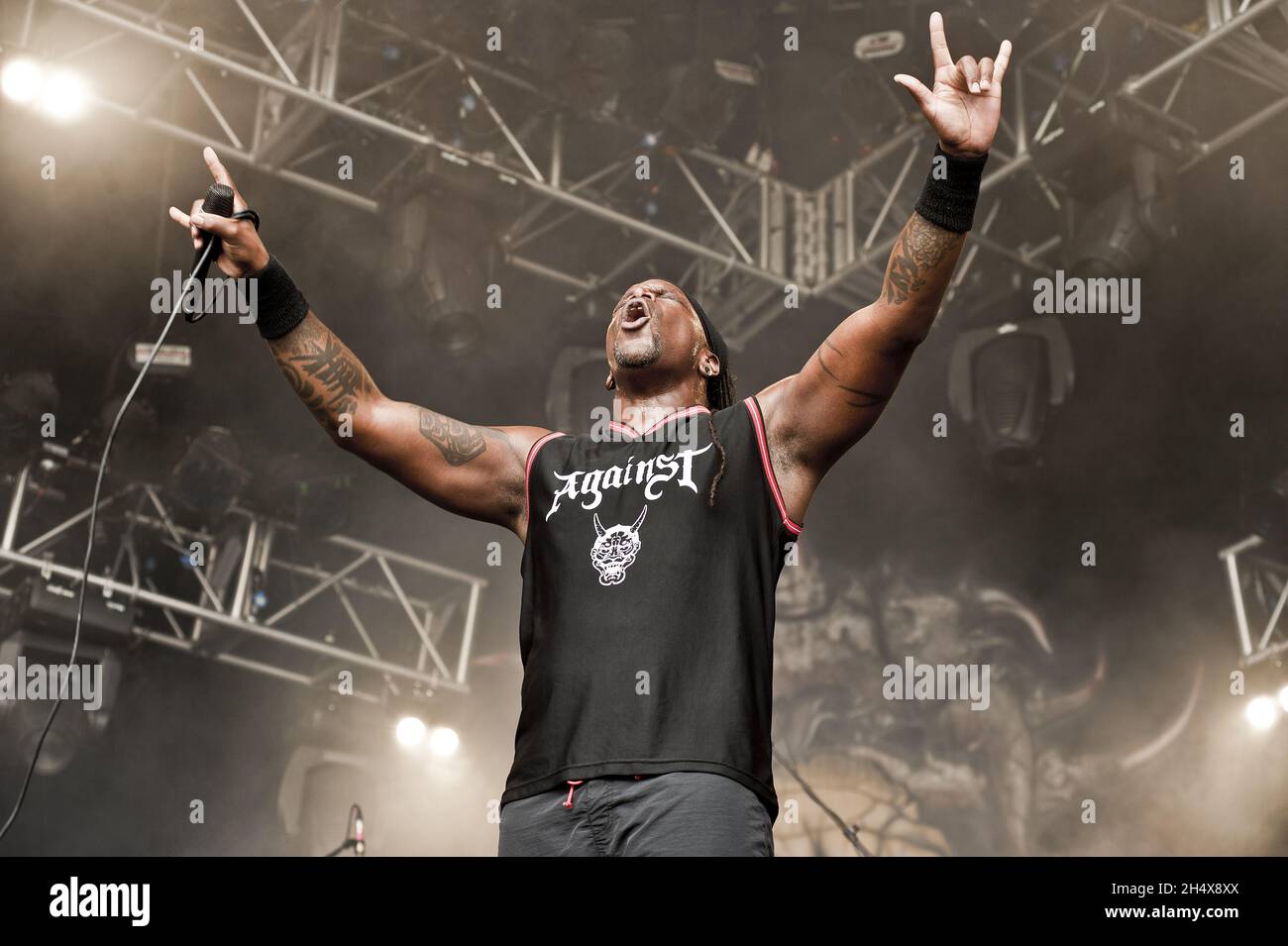 Derrick Green von Sepultura live im Konzert beim Bloodstock Festival 2012 in der Catton Hall in Derbyshire. Stockfoto