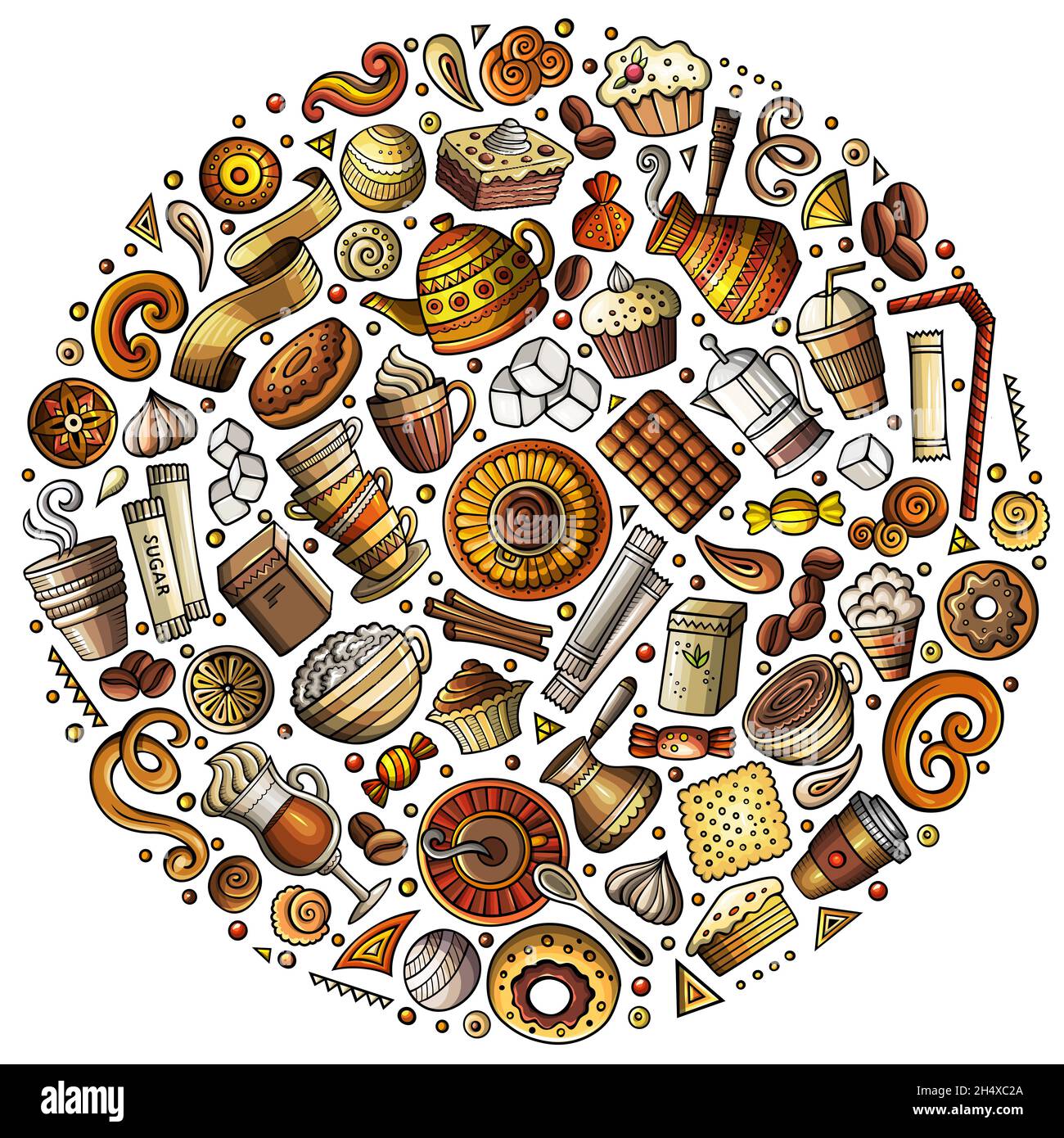 Bunte Vektor Hand gezeichnet Satz von Kaffee Cartoon Doodle Objekte, Symbole und Elemente. Runde Komposition Stock Vektor