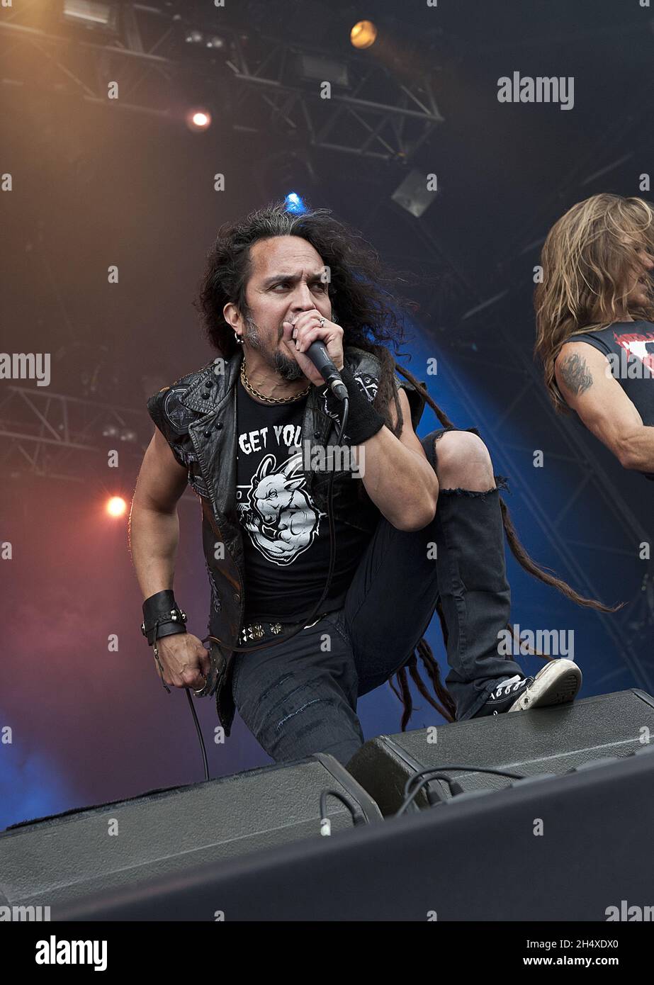 Mark Osegueda von Death Angel treten am 2. Tag beim Bloodstock Open Air Festival 2013 in der Catton Hall am 10. August 2013 auf. Stockfoto