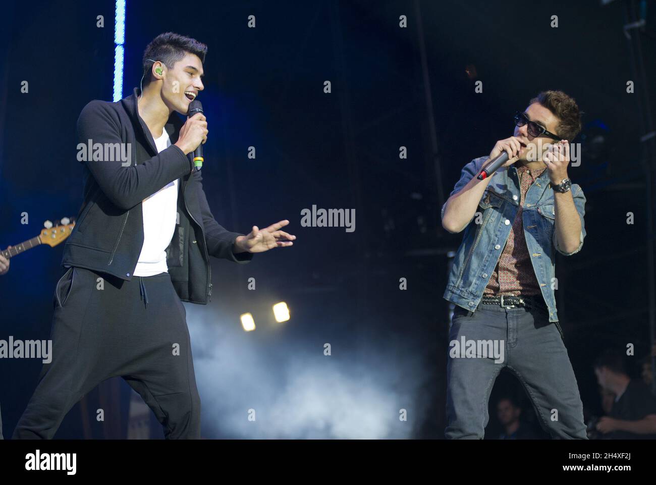 Nathan Sykes und Siva Kaneswaran von The Wanted am 2. Tag des Fusion Festivals am 1. September 2013 im Cofton Park Birmingham, England. Stockfoto