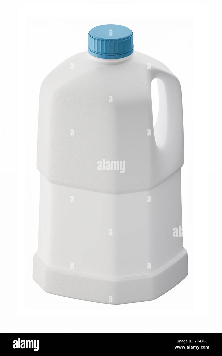 Weiße Plastikflasche mit Griff und blauer Kappe isoliert auf weißem Hintergrund. Für verschiedene Flüssigkeiten, Milch, Getränke, Öl, Wasser, Reinigungsmittel. 3d-rende Stockfoto