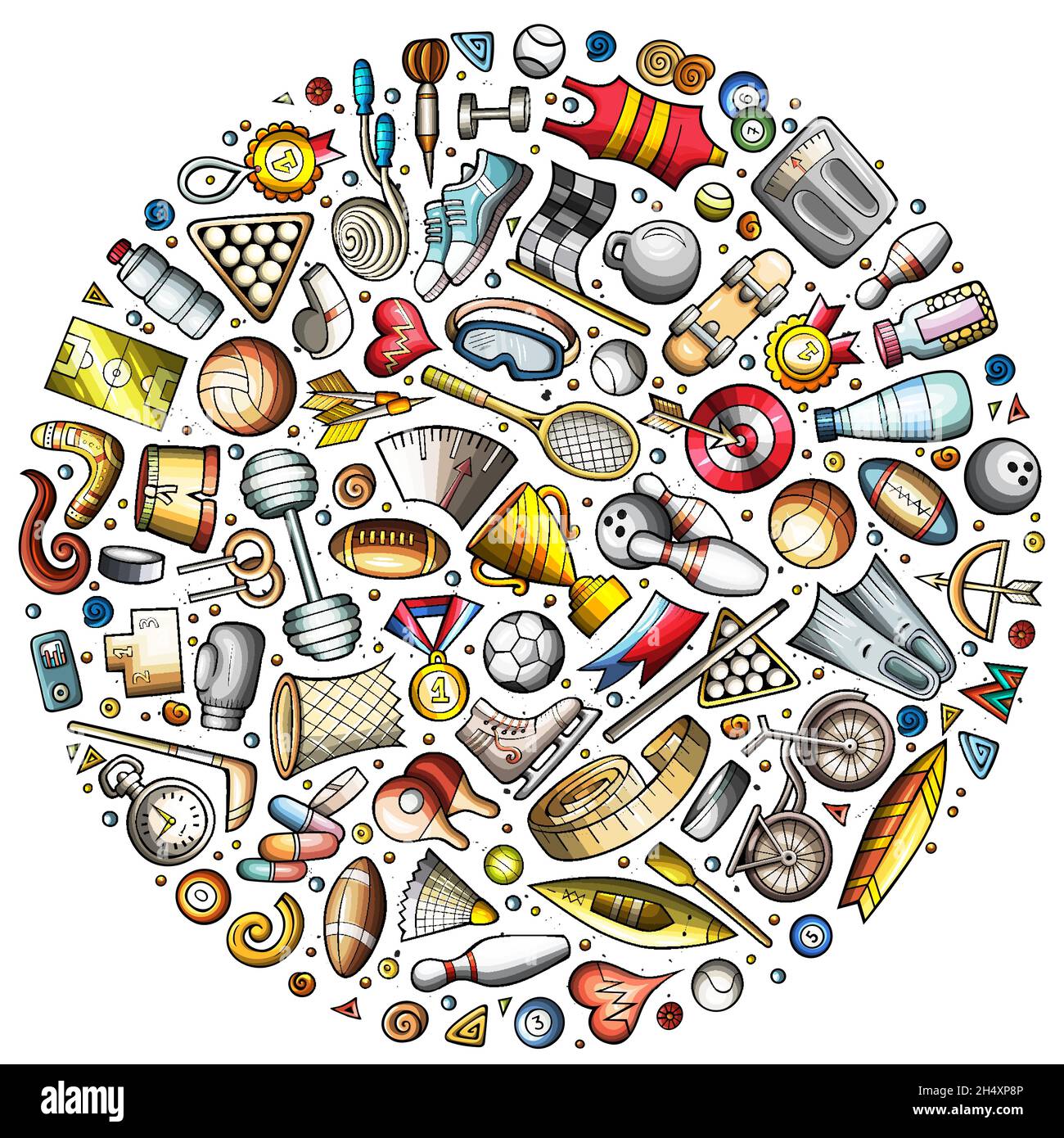 Bunte Vektor Hand gezeichnet Satz von Sport Cartoon Doodle Objekte, Symbole und Elemente. Runde Komposition Stock Vektor
