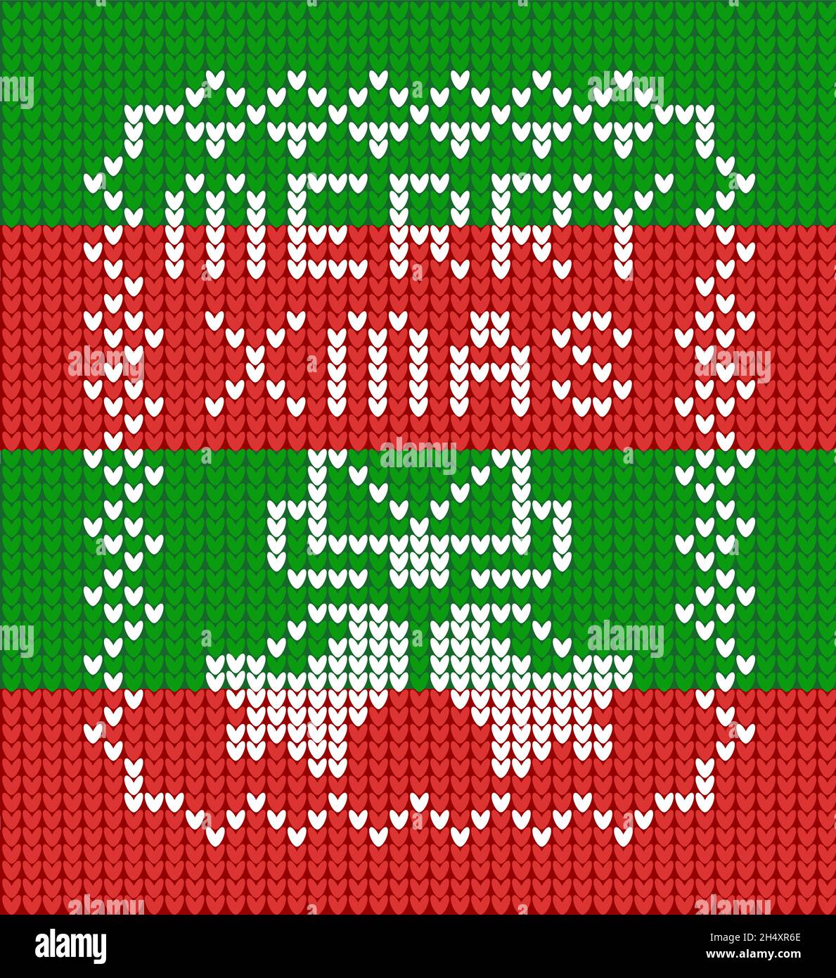 Strickmuster im hässlichen Pullover-Stil mit Jingle Glocken und Merry Xmas Text Stock Vektor