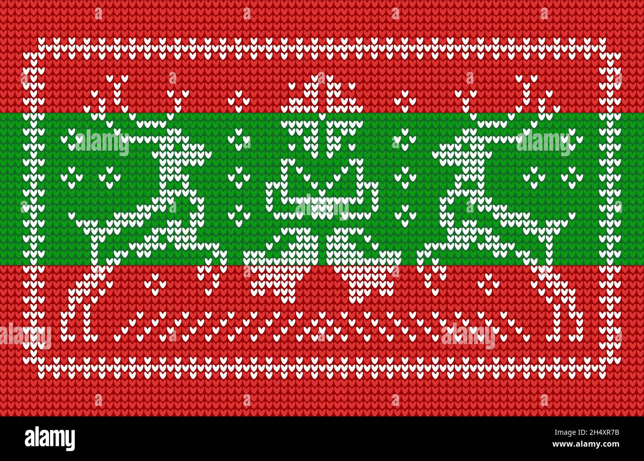 Strickmuster im hässlichen Pullover-Stil mit Jingle-Glocken und Weihnachtsrentieren Stock Vektor