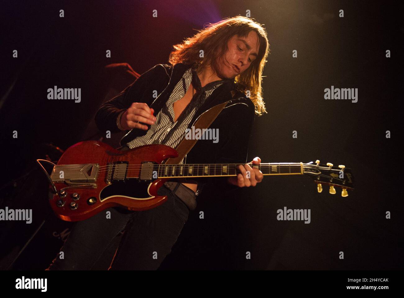 Jake Kiszka von Greta Van Fleet tritt auf der Bühne des O2 Instituts in Birmingham, Großbritannien, auf. Bilddatum: Samstag, 31. März 2018. Foto: Katja Ogrin/ EMPICS Entertainment. Stockfoto