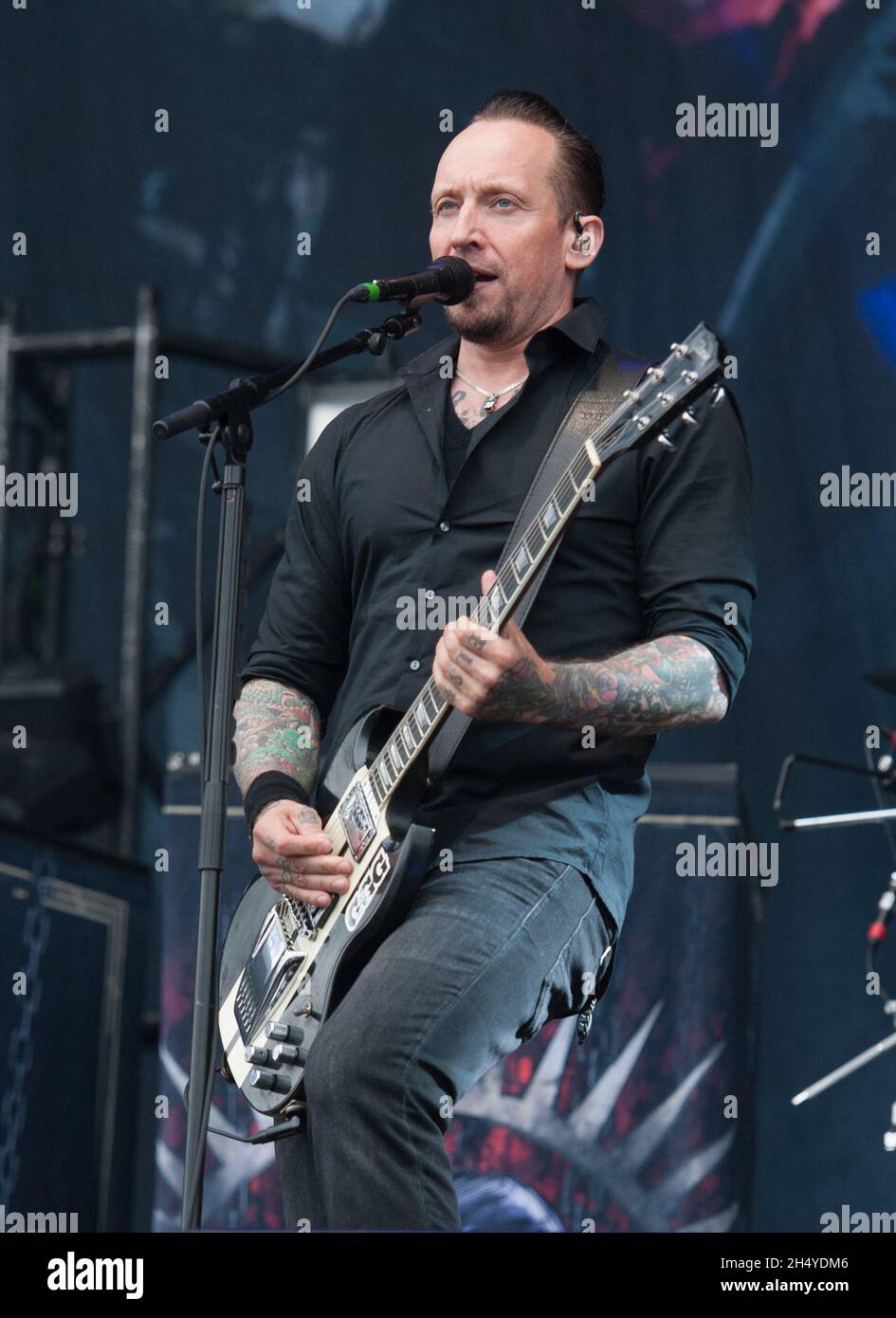 Michael Poulsen von Volbeat tritt am 1. Tag des Download Festivals im Donington Park am 08. Juni 2018 in Castle Donington, England, live auf der Bühne auf. Bilddatum: Freitag, 08. Juni 2018. Foto: Katja Ogrin/ EMPICS Entertainment. Stockfoto