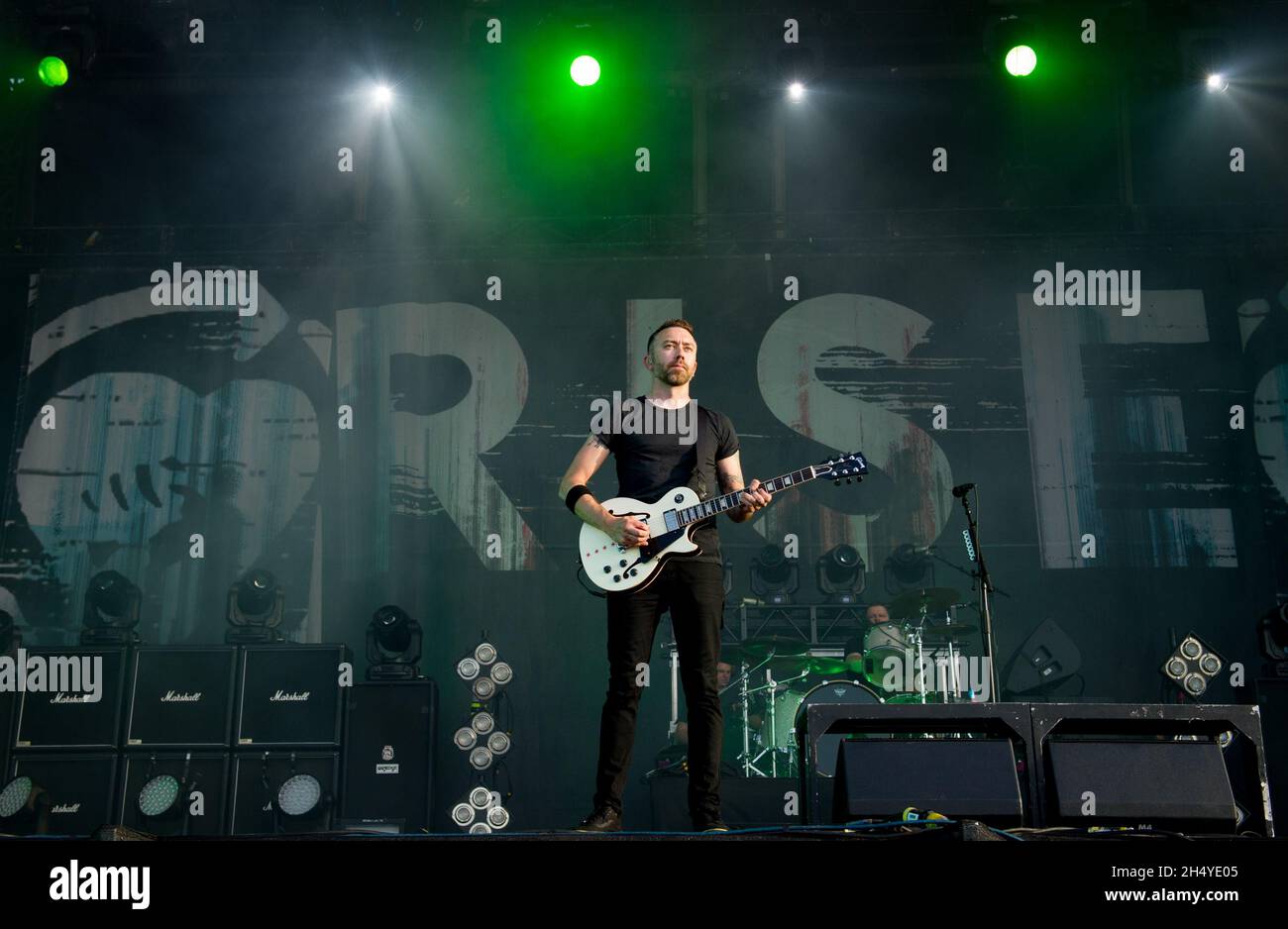 Tim McIlrath von RISE Against tritt am 3. Tag des Download Festivals im Donington Park am 10. Juni 2018 in Castle Donington, England, live auf der Bühne auf. Bilddatum: Sonntag, 10. Juni 2018. Foto: Katja Ogrin/ EMPICS Entertainment. Stockfoto