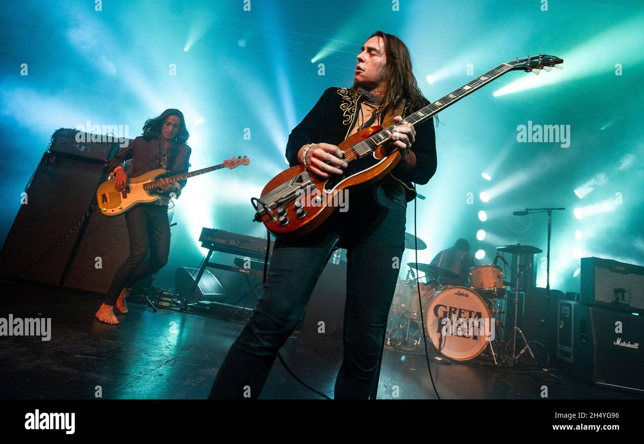 Jake Kiszka und Sam Kiszka von Greta Van Fleet treten am 14. November 2018 in der O2 Academy in Birmingham, England, auf. Bilddatum: Mittwoch, 14. November 2018. Foto: Katja Ogrin/ EMPICS Entertainment. Stockfoto