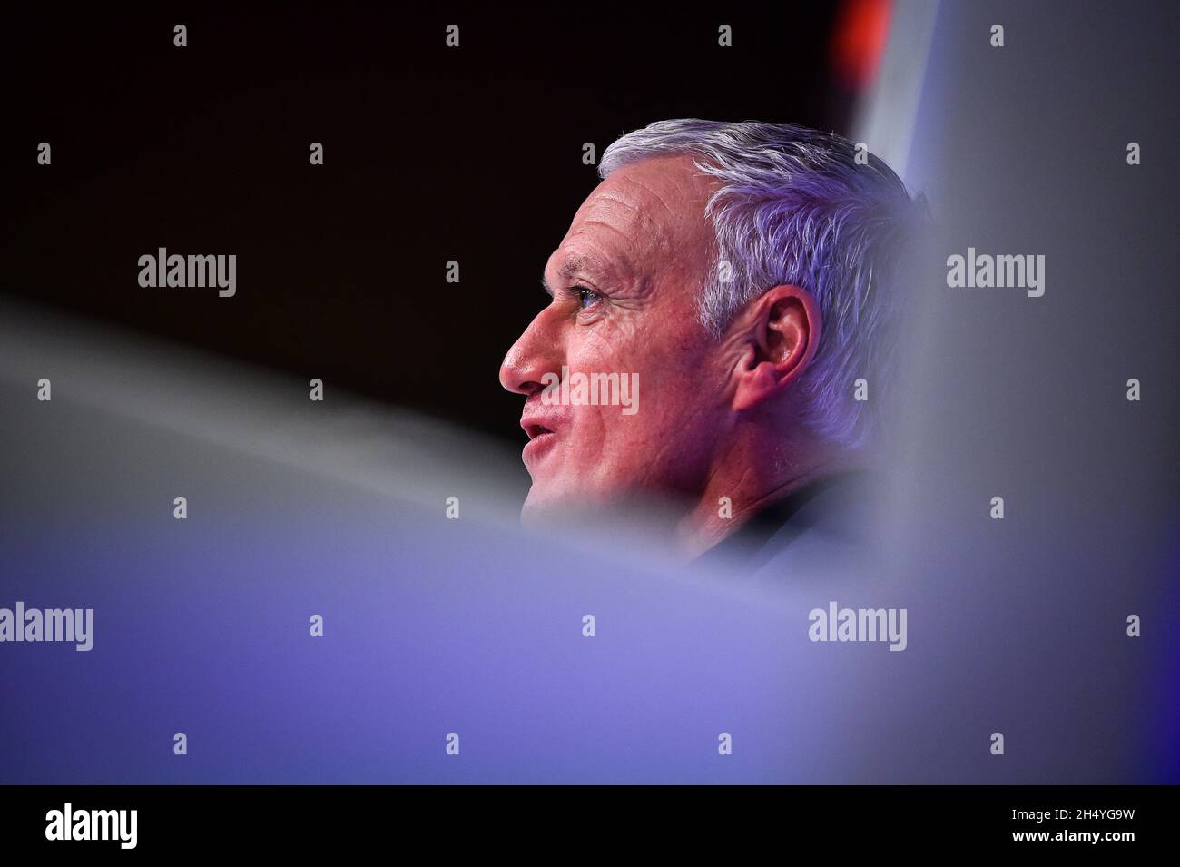 Pressekonferenz des französischen Nationalmannschaftstrainers Didier Deschamps, Bekanntgabe der Liste der ausgewählten Spieler für die WM 2022-Qualifikation am 13. Und 16. November 2021 beim französischen Fußballverband am 4. November 2021 in Paris, Frankreich - Foto: Matthieu Mirville/DPPI/LiveMedia Stockfoto