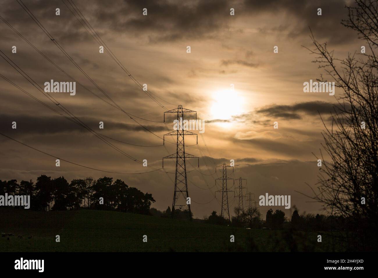 Hochspannungsleitungen und Masten, die die Stromversorgung durch die Landschaft des Vereinigten Königreichs transportieren und den Himmel bei Sonnenuntergang im Winter überwintern. Stockfoto