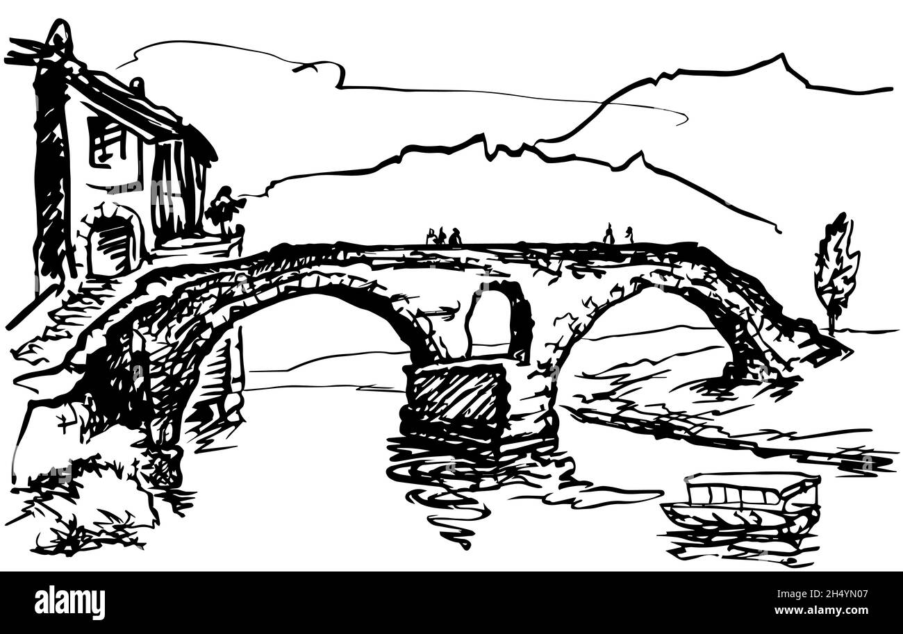 Eine alte Steinbrücke über den Fluss, ein Stück Stadt und ein Ausflugsboot vor der Kulisse der Berge. Schwarz-weiße lineare Skizze. Stock Vektor