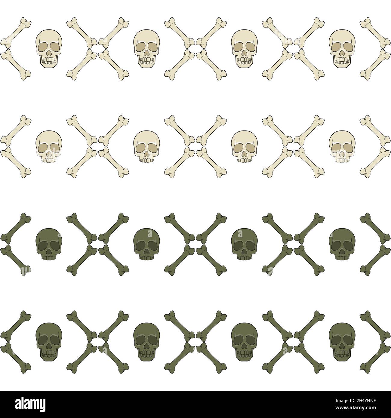 Set von nahtlosen horizontalen Mustern mit Schädel und Knochen. Vektorgrafik auf weißem Hintergrund. Stock Vektor