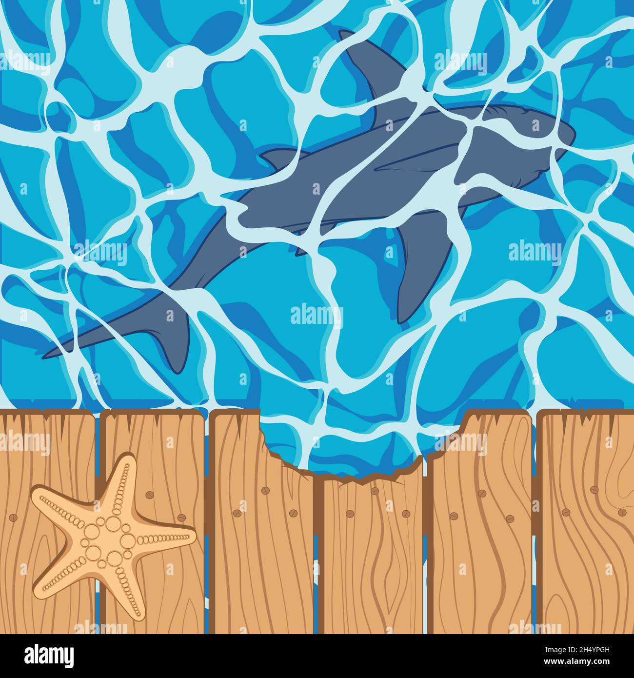 Marine Farbe Hintergrund mit großen weißen Hai und Seesterne. Sommer Vektor Strand Hintergrund. Stock Vektor