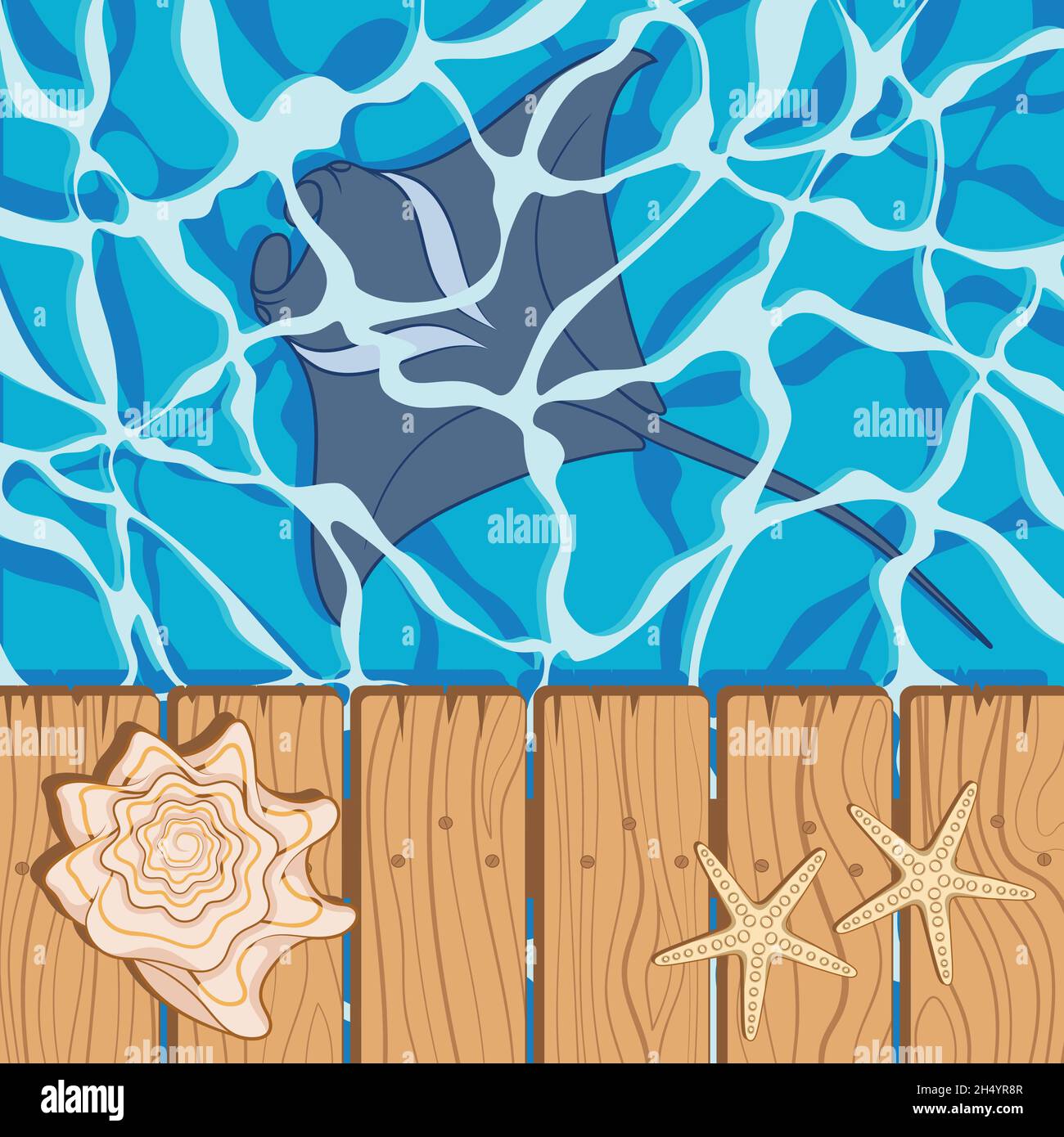 Marine Farbe Hintergrund mit Manta, Seesterne und Muschel. Sommer Vektor Strand Hintergrund. Stock Vektor