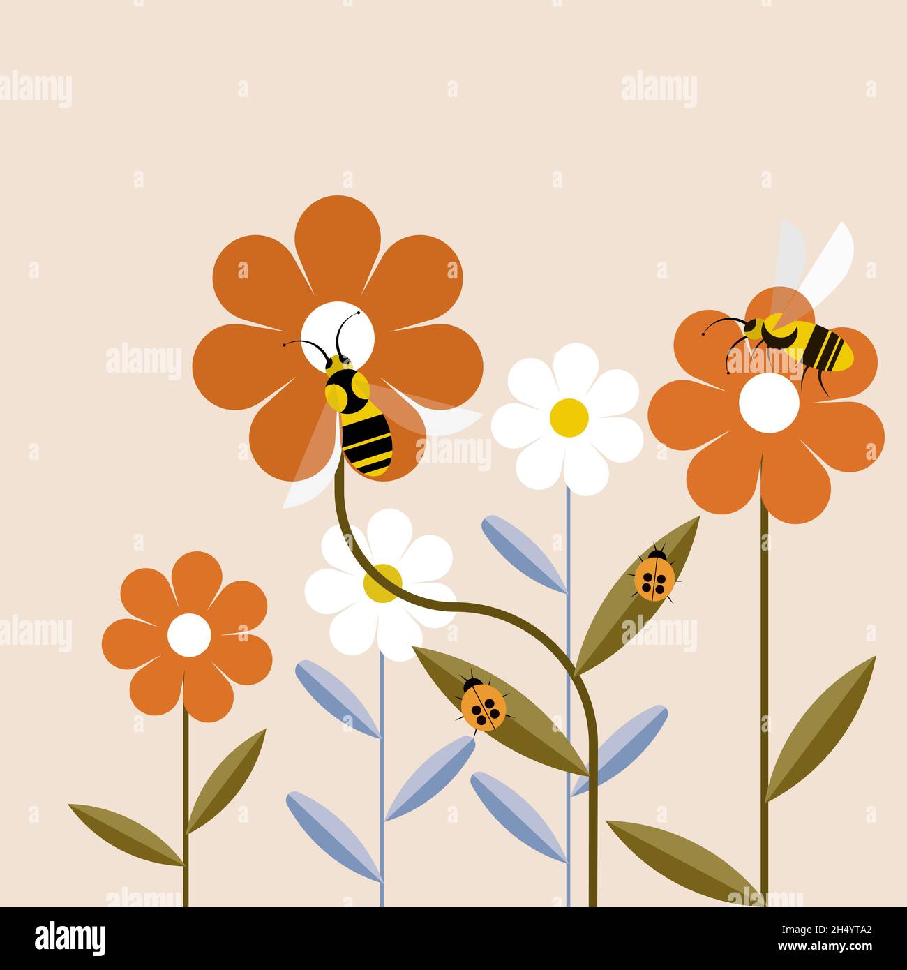 Illustration von Honigbienen und Wanzen, die auf Blumen sitzen Stock Vektor