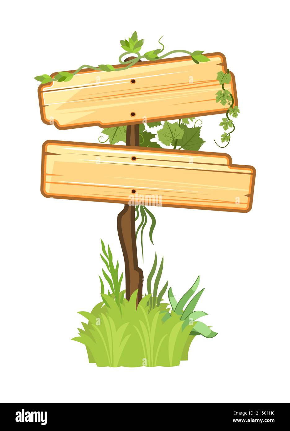 Holzschild im Dschungel. Leeres Brett mit Platz für Text. Mit Holzstruktur. Zwei Elemente Cartoon-Stil. Isoliert auf weißem Hintergrund. Steht auf einem Stock Vektor