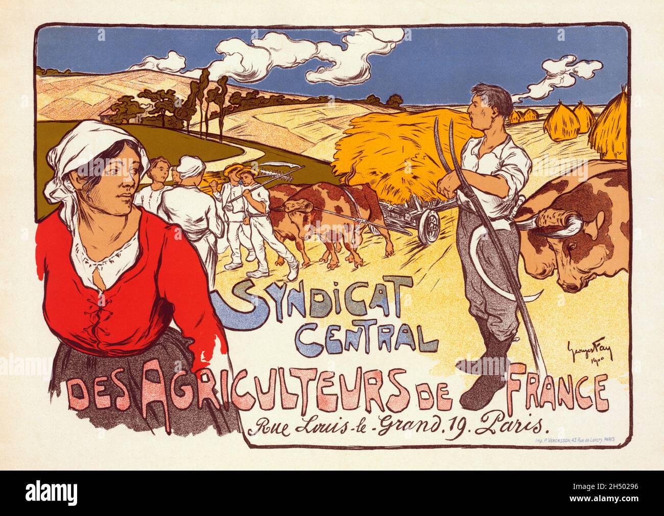 Französisches Vintage-Poster für das Büro des französischen Bauernverbands in Paris, „Syndicat Central des Agriculteurs de France“ von Georges Fay, 1900. Stockfoto