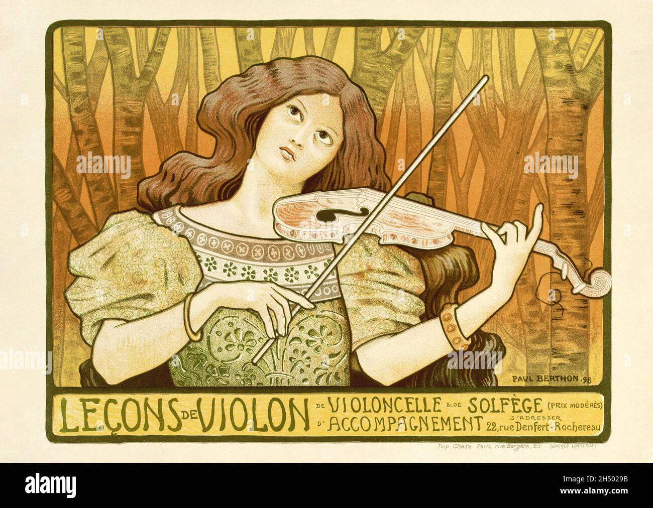 Französisch Vintage Poster Werbung Geige Unterricht von Paul Berthon, 1898. Stockfoto