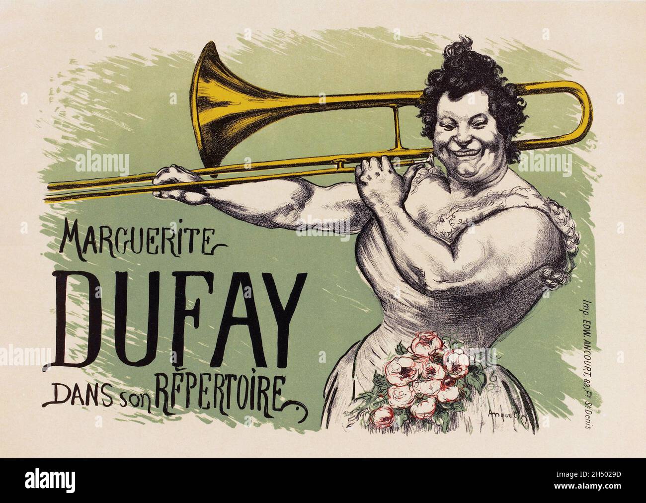 Französisches Vintage Poster, Werbung für Posaunenspieler Marguerite Dufay, von Louis Anquetin 1898. Stockfoto