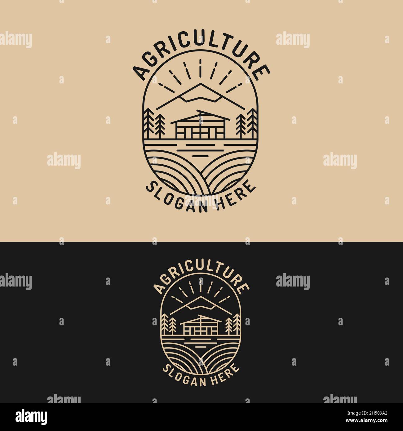 Farm Field mit Cottage House und Mountain in Line Style Logo Design Template. Geeignet für Landwirtschaft Landwirtschaft Business Brand Company Corporate Town Stock Vektor